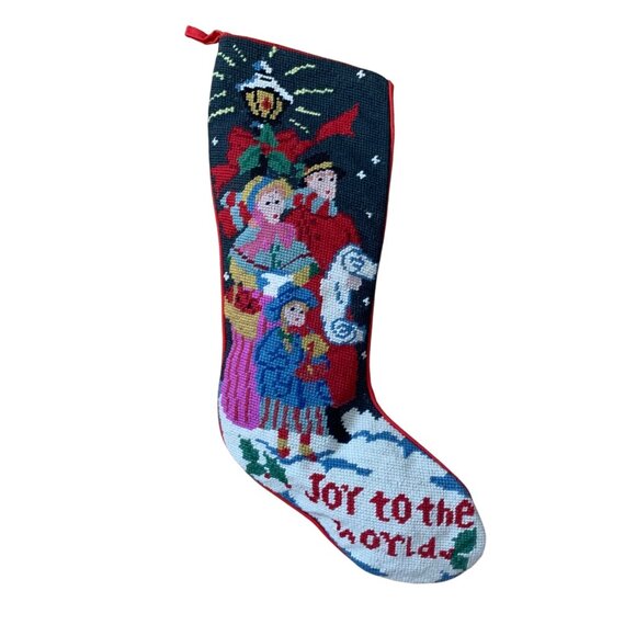 VTG Joy To The World Carolers Wool Needlepoint Christmas Stocking By C.B.K. LTD